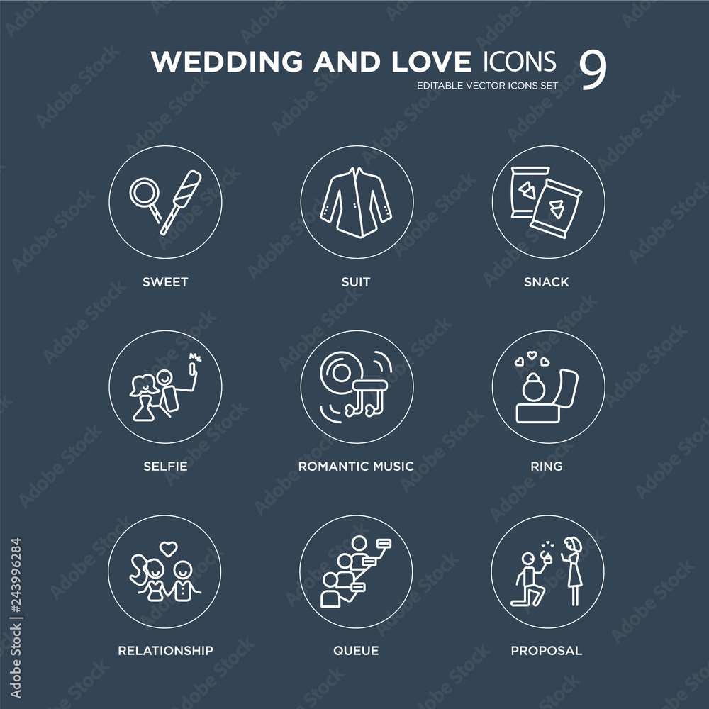 9 Sweet, Suit, Relationship, Ring, Romantic music, Snack, Selfie, Queue modern icons on black background, vector illustration, eps10, trendy icon set.