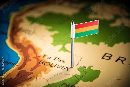 Bolivia marked with a flag on the map photo