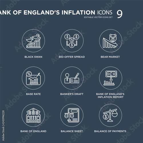 9 Black swan, Bid-offer spread, Bank of England, England's inflation report, Banker's draft, Bear market modern icons on black background, vector illustration, eps10, trendy icon set.