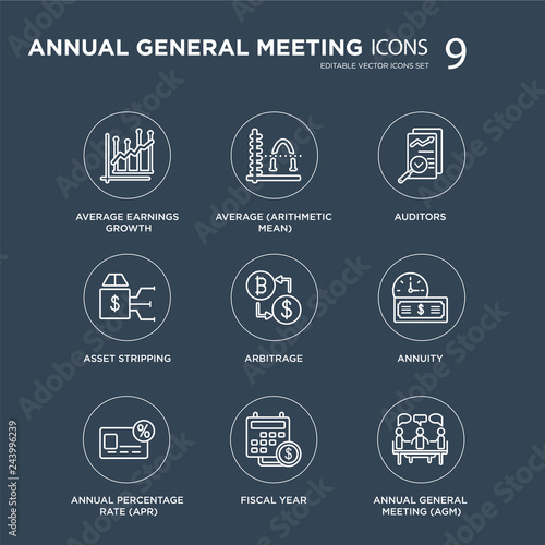 9 Average earnings growth, (arithmetic mean), Annual percentage rate (APR), Annuity, Arbitrage, Auditors modern icons on black background, vector illustration, eps10, trendy icon set.