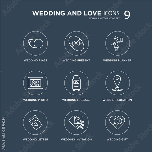 9 Wedding Rings, wedding Present, Letter, Location, Luggage, planner modern icons on black background, vector illustration, eps10, trendy icon set.