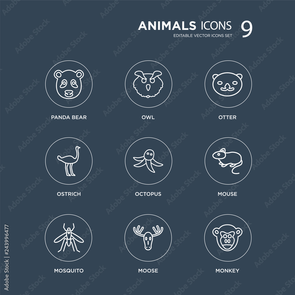 9 Panda bear, Owl, Mosquito, Mouse, Octopus, Otter, Ostrich, Moose modern icons on black background, vector illustration, eps10, trendy icon set.