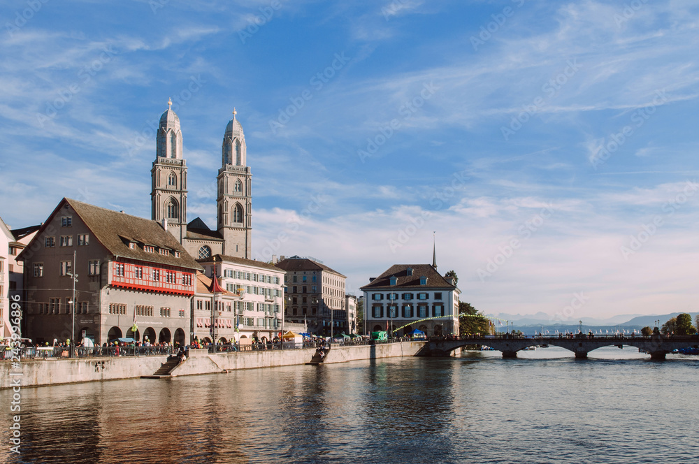 Old Grossmunster cathedral and medieval buildings in Zurich Old town Altstadt