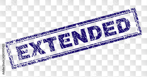 EXTENDED stamp seal imprint with rubber print style and double framed rectangle shape. Stamp is placed on a transparent background. Blue vector rubber print of EXTENDED text with grunge texture.