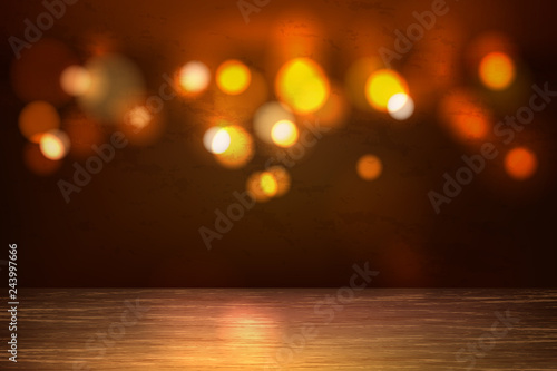 Vector empty wooden table bokeh lights backdrop photo