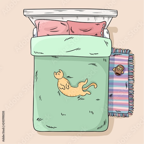 Cute cat lying on the bed belly up. Top view. Cartoon style image