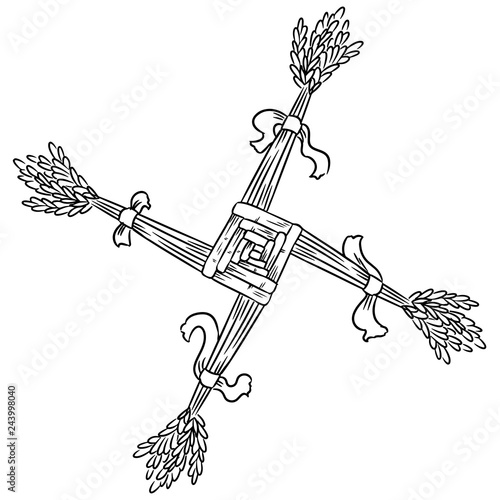 Brigid's Cross made of straw. Wiccan pagan sketched symbol. Isolated element