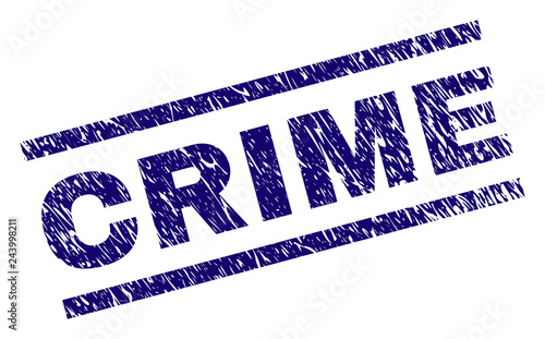 CRIME seal print with grunge style. Blue vector rubber print of CRIME title with dust texture. Text title is placed between parallel lines.