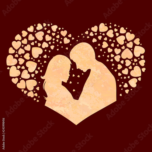 Composition with a silhouette of the heart with lovers boyfriend and girlfriend,
