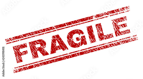FRAGILE seal watermark with grunge texture. Red vector rubber print of FRAGILE text with grunge texture. Text title is placed between double parallel lines.