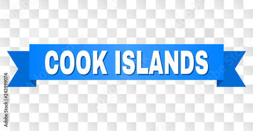 COOK ISLANDS text on a ribbon. Designed with white caption and blue stripe. Vector banner with COOK ISLANDS tag on a transparent background.