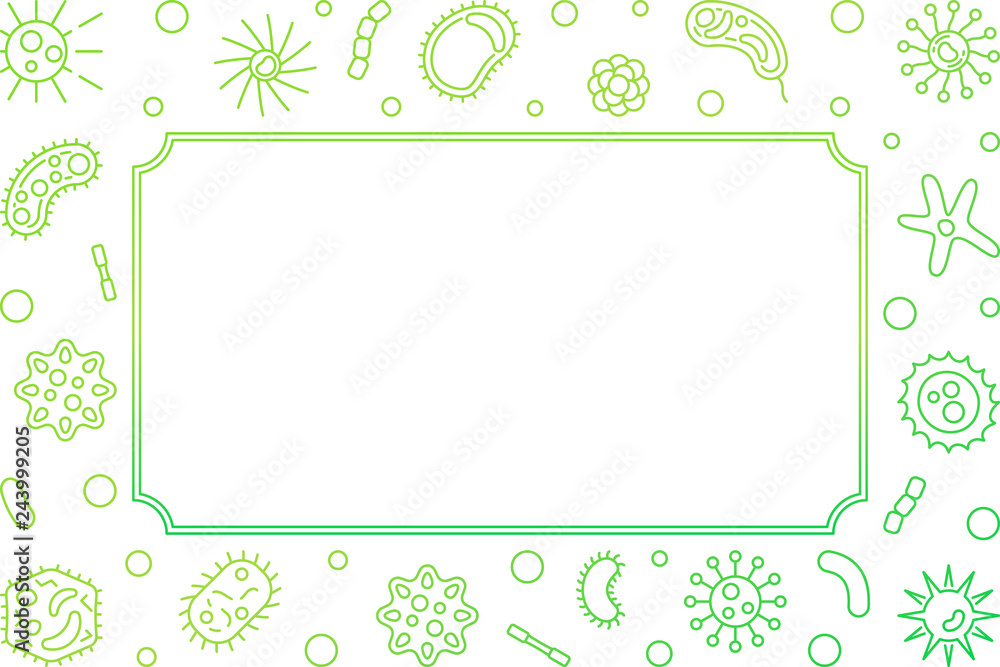 Virology green horizontal frame or background with empty space for text. Vector concept illustration in thin line style on white background Virology green horizontal frame or background with empty space for text. Vector concept illustration in thin line style on white background