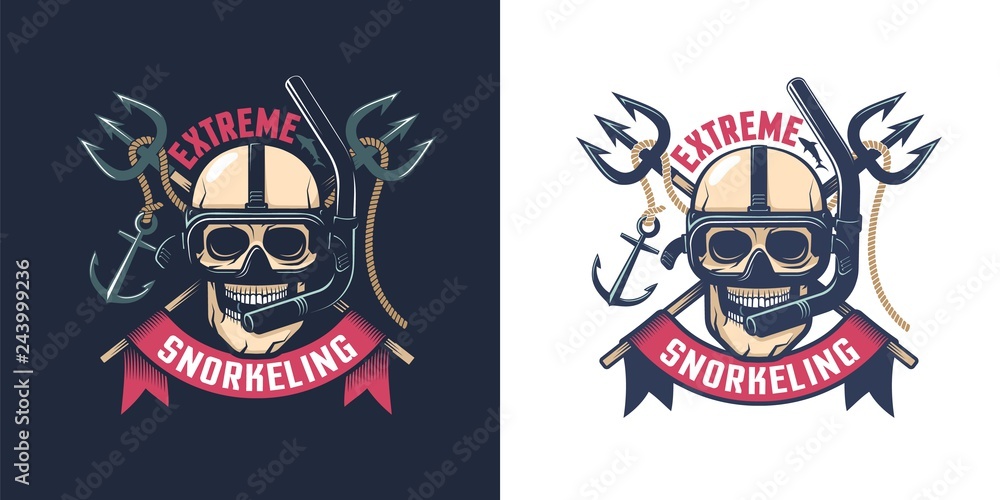 Extreme diving retro emblem. Skull in an underwater mask with a tube. Worn texture on a separate layer.