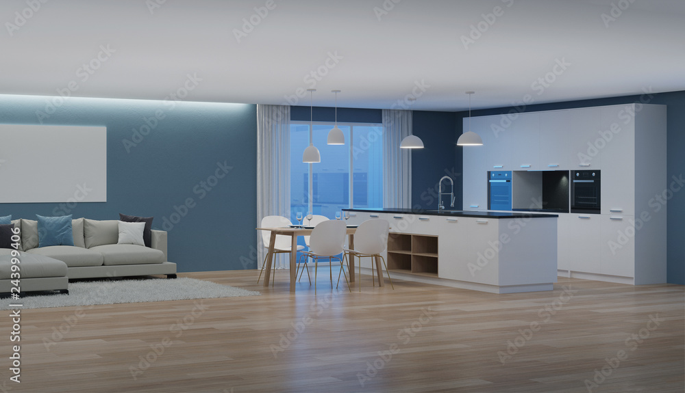 Fototapeta premium Modern house interior. Night. Evening lighting. 3D rendering.