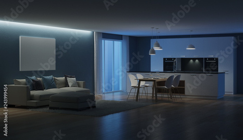 Modern house interior. Night. Evening lighting. 3D rendering.