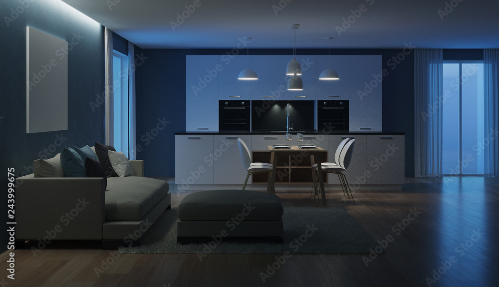 Modern house interior. Night. Evening lighting. 3D rendering. Modern house interior. Night. Evening lighting. 3D rendering.