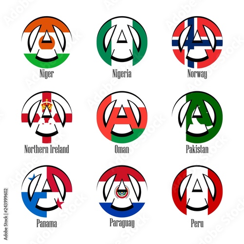 Flags of different countries of the world in the form of a sign of anarchy