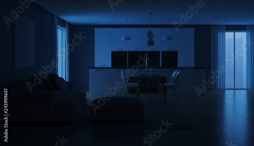 Modern house interior. Night. Evening lighting. 3D rendering. © artemp1