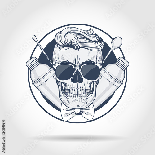 Hand drawn sketch, barman skull with beard and mustaches, shaker and barman spoon