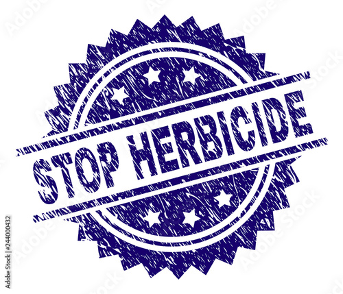 STOP HERBICIDE stamp seal watermark with distress style. Blue vector rubber print of STOP HERBICIDE tag with grunge texture.