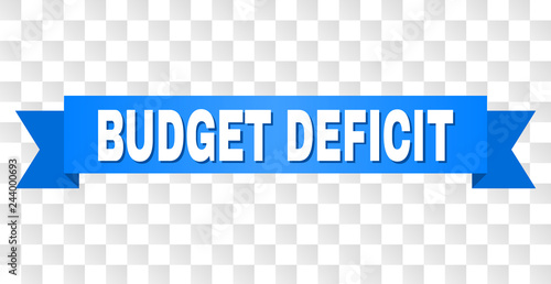 BUDGET DEFICIT text on a ribbon. Designed with white caption and blue stripe. Vector banner with BUDGET DEFICIT tag on a transparent background.