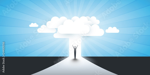 New Possibilities, Hope, Dreams - Business, Solutions Finding Concept - Man Standing in Front of a Door, Under the Cloudy Sky, Light at the End of the Road 