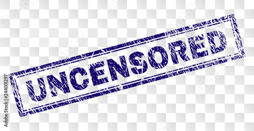 UNCENSORED stamp seal imprint with rubber print style and double framed rectangle shape. Stamp is placed on a transparent background. Blue vector rubber print of UNCENSORED title with dust texture.
