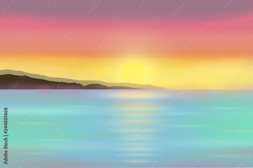 Sunrise over the sea, dawn sky and sun path on the water, template for poster, cover, space for text or design.