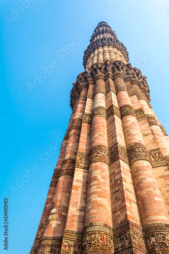 Qutub (Qutb) Minar, the tallest free-standing stone tower in the world, and the tallest minaret in India, constructed with red sandstone and marble in 1199 AD. Unesco World Heritage. India