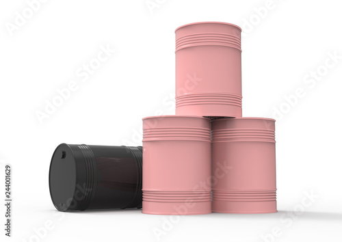 3D illustration of pink and black barrels on white background. Four barrels for liquid storage.