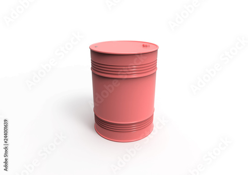 3D illustration of coral drum barrel on white background. Trendy illustration of barrel for liquid storage.