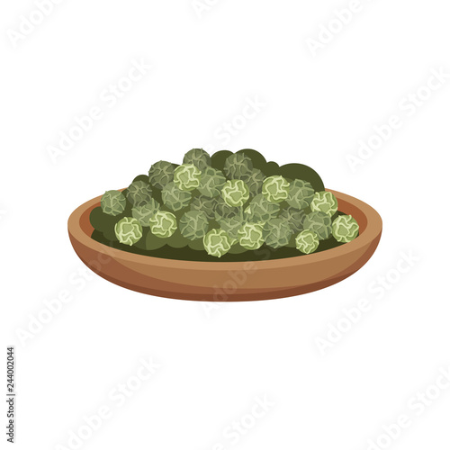 Wooden bowl of dried green peppercorns. Aromatic seasoning. Natural spice. Fragrant condiment. Flat vector icon