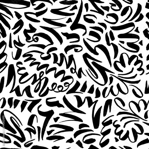 Seamless Pattern with Slavonic Calligraphy Brush Strokes. Black and White Colors for Fabric Textile Surface Design