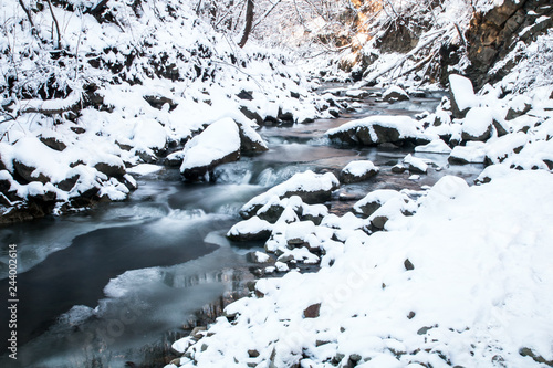 scenic blue color smooth frozen mountain creek