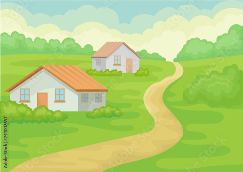 Landscape of village with two small houses, ground road, green grass and bushes. Natural scenery. Flat vector design