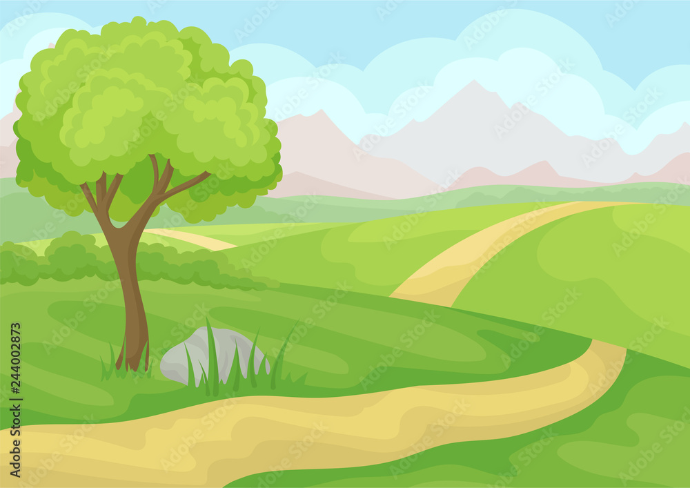 Scenery with tree, ground road and green meadows, mountains and blue sky. Natural landscape. Cartoon vector design Scenery with tree, ground road and green meadows, mountains and blue sky. Natural landscape. Cartoon vector design