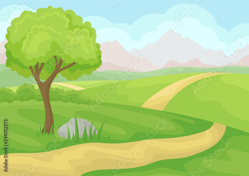 Scenery with tree  ground road and green meadows  mountains and blue sky. Natural landscape. Cartoon vector design