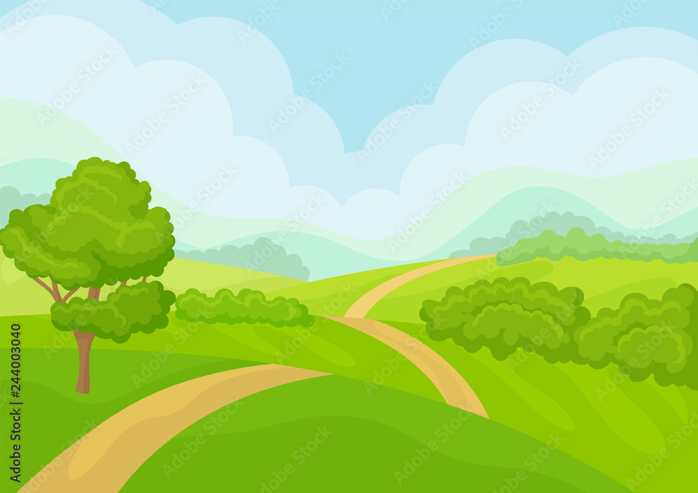 Scenery with green meadows, tree and bushes, blue sky on background. Natural landscape. Flat vector design