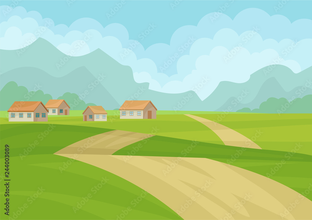 Natural landscape with houses, ground road, green meadows and mountains on background. Flat vector design Natural landscape with houses, ground road, green meadows and mountains on background. Flat vector design