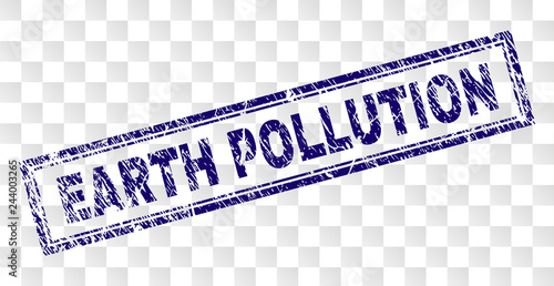 EARTH POLLUTION stamp seal imprint with rubber print style and double framed rectangle shape. Stamp is placed on a transparent background.