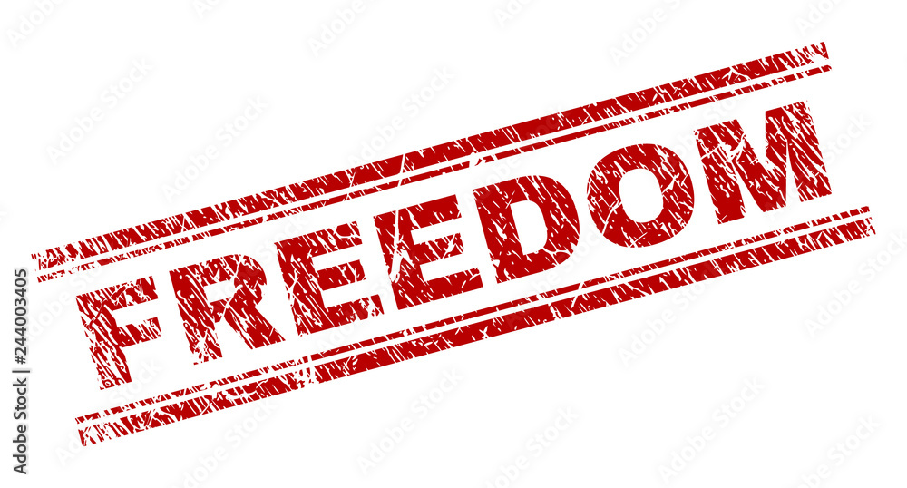FREEDOM seal print with distress texture. Red vector rubber print of