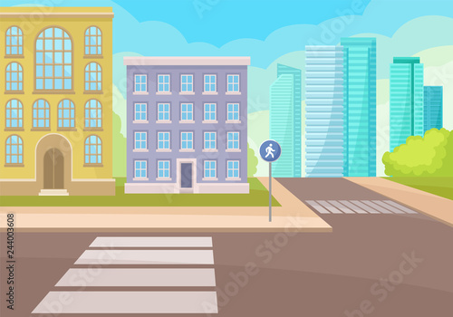 View on intersection of street with crosswalks and signs, houses and skyscrapers. Urban landscape. Flat vector design