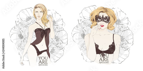 Beautiful blonde girl in black underwear staing. Vector hand drawn illustration