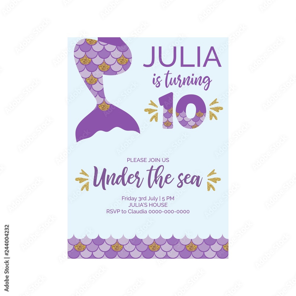 Cute birthday invitation for little mermaid Sea Party.Mermaid tenth birthday vector illustration 