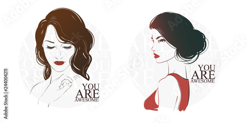 Beautiful woman with long hair, hand drawn line vector fashion illustration.