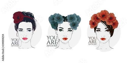 Portrait of young beautiful woman with poppies in hair. Vector hand drawn illustration.