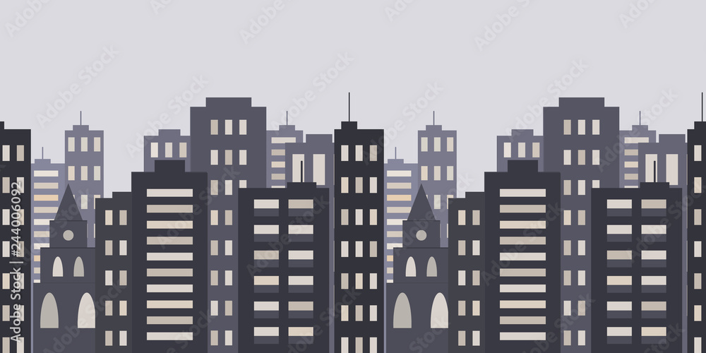 Megalopolis background.Seamless border with cute urban cityscape in the evening or at night: modern houses, buildings and Church or Cathedral. Vector illustration