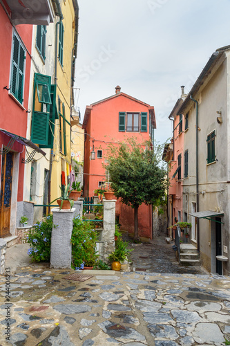 Old narrow street in Portovenere or Porto Venere town on Ligurian coast. Italy