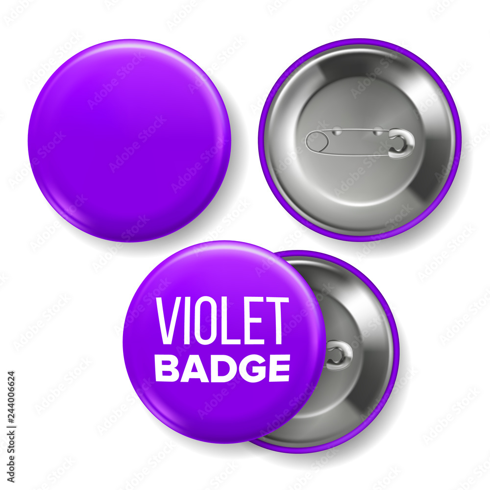 Violet Badge Mockup Vector. Pin Brooch Violet Button Blank. Two Sides. Front, Back View. Branding Design 3D Realistic Illustration Violet Badge Mockup Vector. Pin Brooch Violet Button Blank. Two Sides. Front, Back View. Branding Design 3D Realistic Illustration