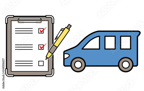 普通車の点検イメージのイラスト（車とチェックリスト）